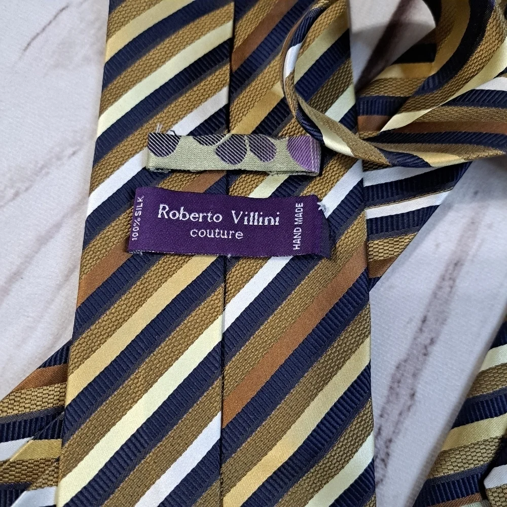 Roberto Villini Couture Gold and Brown Striped Silk Tie